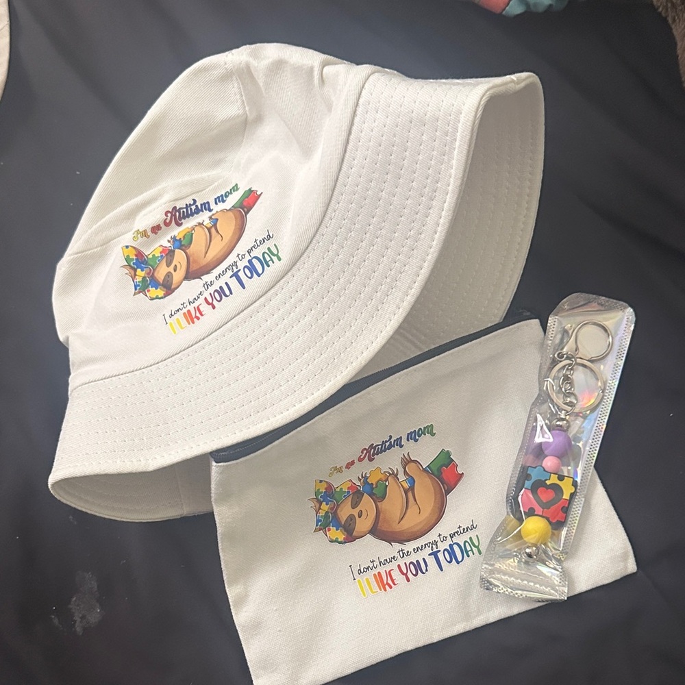 White Bucket Hat and Pouch Set autism